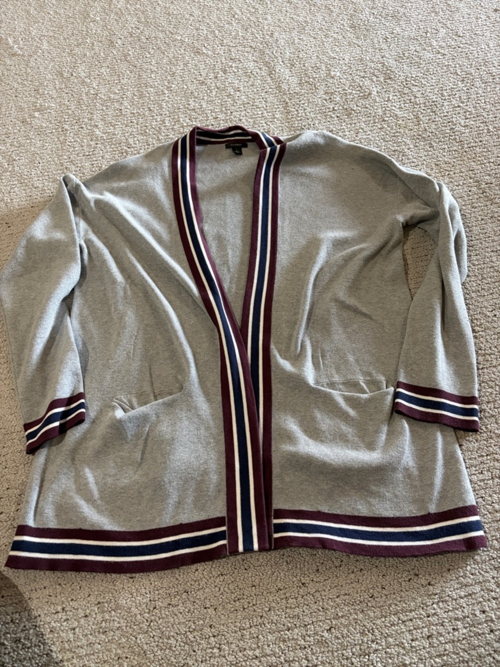 Halogen Gray Open-Front Cardigan with Maroon and Navy Trim